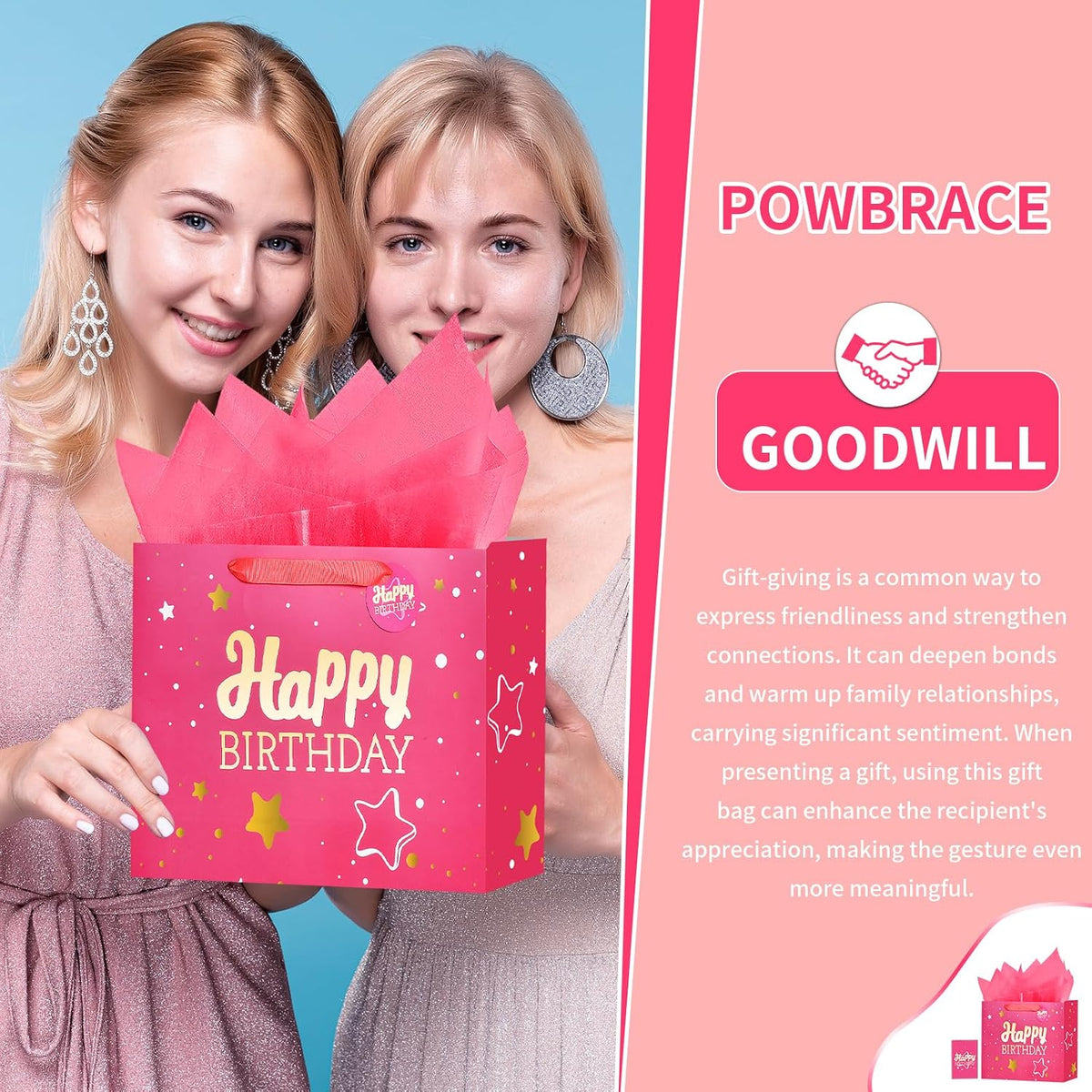 Powbrace 13" Birthday Gift Bag with Tissue Paper & Card(1 Pack Pink Gold) | Foil Stamping Gift Bags, Starry Sky Gift Bags, Happy Birthday Gift Bag for Men Women,Gift Bag Medium size