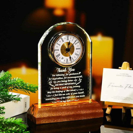 Arikyrist Thank You Gifts for Women Men Glass Clock Appreciation Gift | For Coworkers Friends Teachers Pastor Employee, Inspirational Presents, with Wooden Light Base, Office Desk Clock Decor