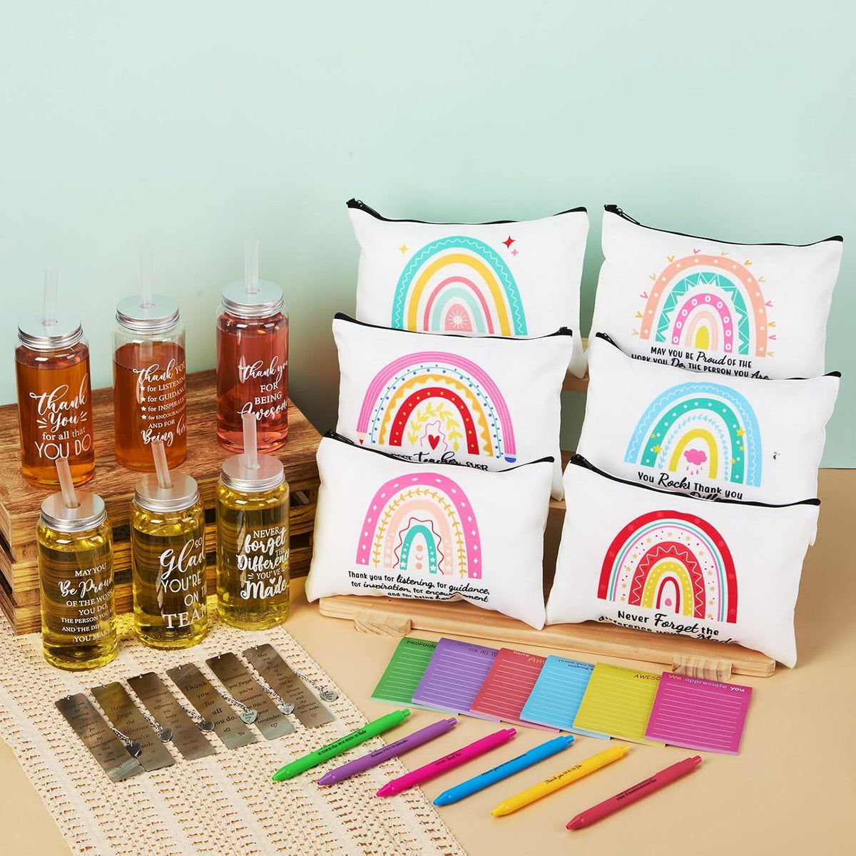 SiliFine 36 Pcs Employees Appreciation Gift Set Thank You Gifts for Women 6 Set Inspirational Tumbler with Lids and Straws Makeup Bags and Keychains Ballpoints Sticky notepads bookmark with pendant