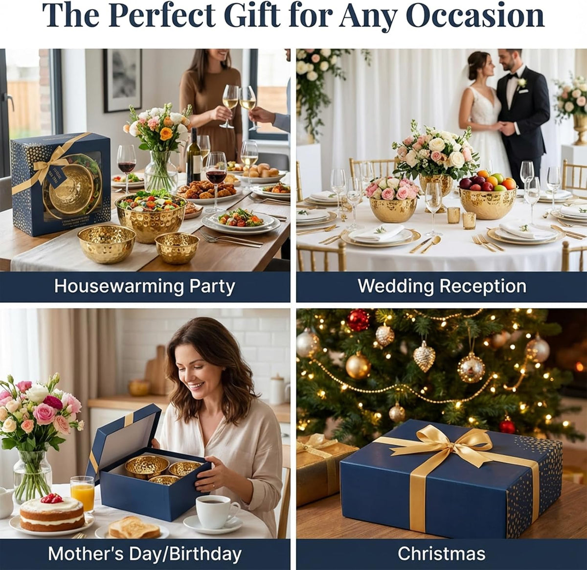 Gold Hammered Serving Bowls Set of 3(1.2/2.4/3.6QT with Elegant Gift Box – Stainless Steel Decorative Nesting Salad,Snack Bowl Set –for Parties,Kitchen Counter, Wedding, Housewarming