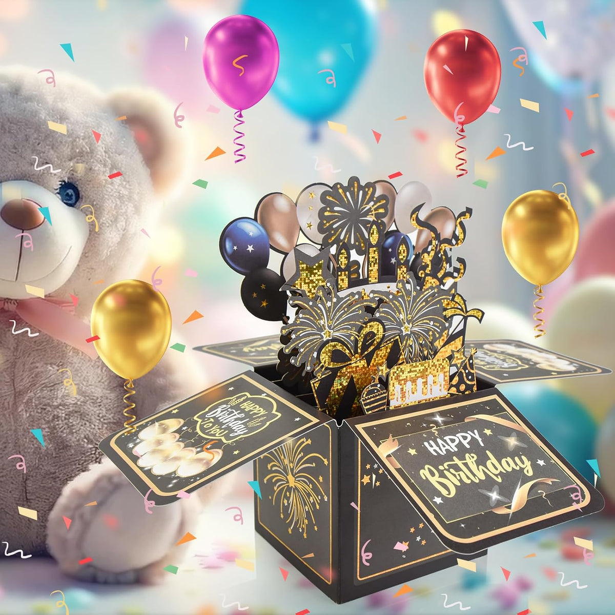 Surprise Pop Up Happy Birthday Cards, Lovely 3D Birthday Card(Black) | Unique Card for Adults and Kids with Envelopes, Handmade Foldable Greeting Cards for Daughter, Son, Mom, Dad, Friend