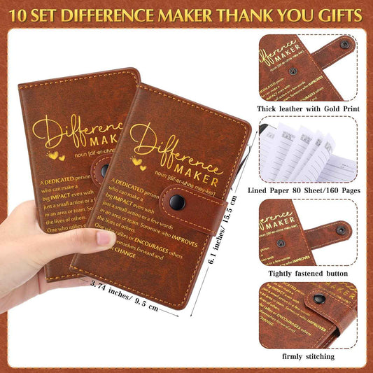 Marspark 10 Sets Difference Maker Appreciation Gifts,Brown | Inspirational A5 Leather Notebook with Pens for Men Women Coworkers Employees, Thank You Back to School Teacher Gifts