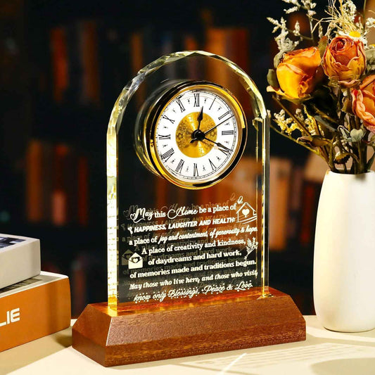 Arikyrist House Warming Gifts New Home Glass Clock with Wooden Light Base | Housewarming Gifts, New Home Plaque, Keepsake Ideas for Women Men Parents Friends Couples Family, Home Desk Tabletop Decor