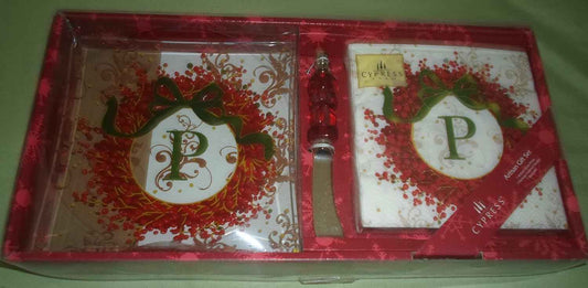 Cypress Artisan Christmas Gift Set for Hostess- Monogram P Glass Plate, Spreader & Cocktail Napkins
