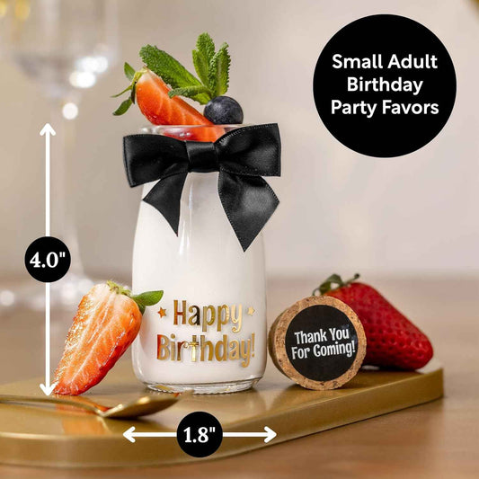 Ethisa Vintage 24 Pack Adult Birthday Party Favors Glass Bottles with Ribbons and Stickers - Classy Happy Birthday Favors and Table Centerpieces Decorations - Sturdy Candy Jar for Guests