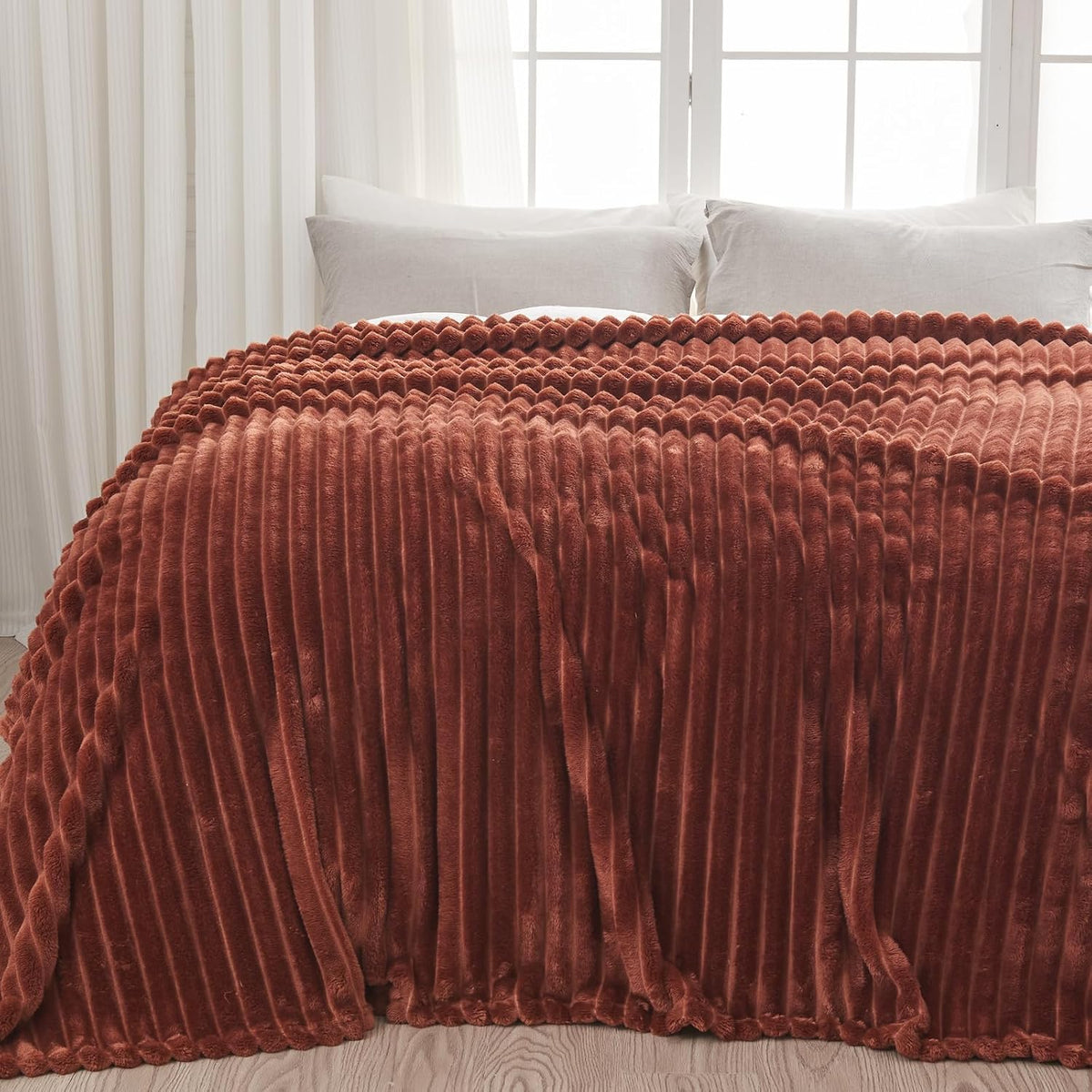 Coffee Ribbed Fleece Throw Blanket
