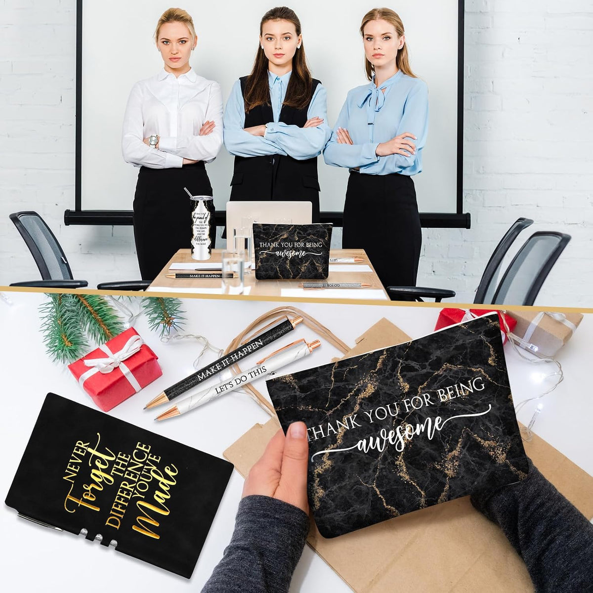 Domensi 6 Pcs Employee Appreciation Gift Set for Women, Black | Female Thank You Gift, May You Be Proud 20 oz Rustic Marble Sign Tumbler, Makeup Bag, Journal, for Boss Teacher Work Business