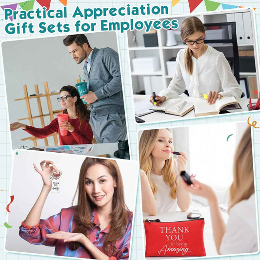 Meanplan 5 Sets Employee Appreciation Gift Bulk Thank You Team Gifts 24 oz Reusable Plastic Cups Inspirational Makeup Bags Keychains Bookmarks with Pendants for Coworker Employees Volunteer Staff