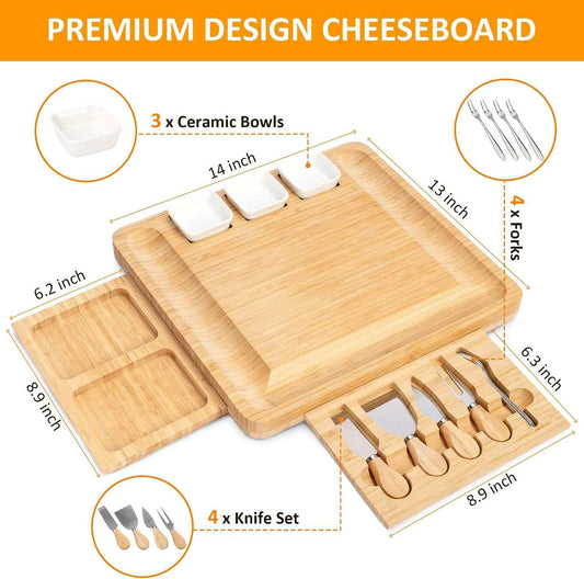 Charcuterie Board Set - FamRica Cheese Board with 2 Drawers, Bamboo Cheese Tray Serving - Unique, Wedding, Housewarming, Birthday Gifts