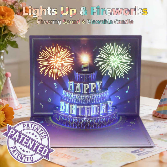 XTF2015 Happy Birthday Cards Fireworks, Pop Up Birthday Cards for Women | Lights Music and Sound Fireworks Cake 3D Birthday Cards Gift with Envelope & Note Tag for Women, Men, Kids, Wife, Mom