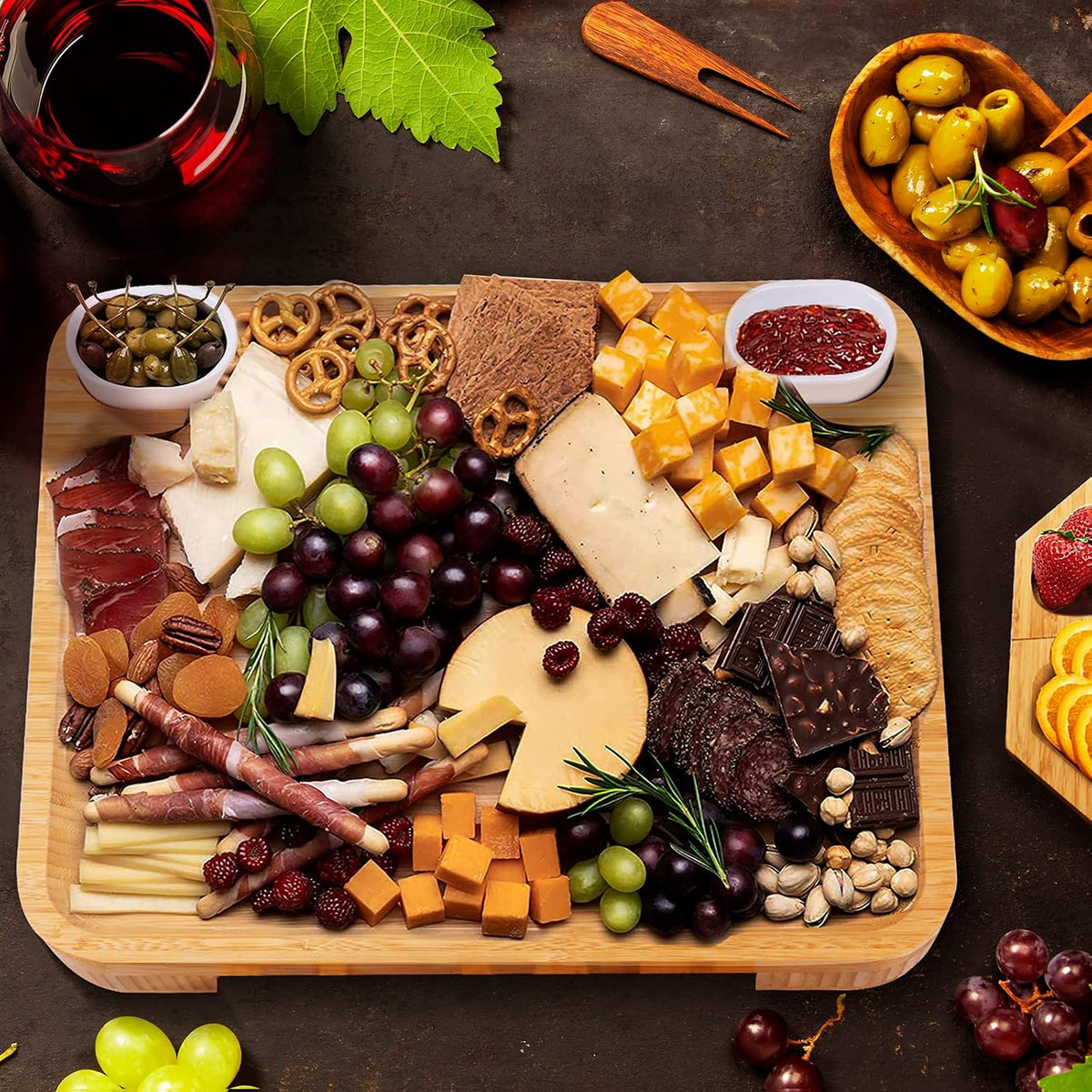 Large Charcuterie Cheese Board and Knife Set, 3 Drawers Kitchen Charcuterie Platter & Large Serving Tray - House Warming, Anniversary Wedding Gifts for Couple, Bridal Shower Gift for Women