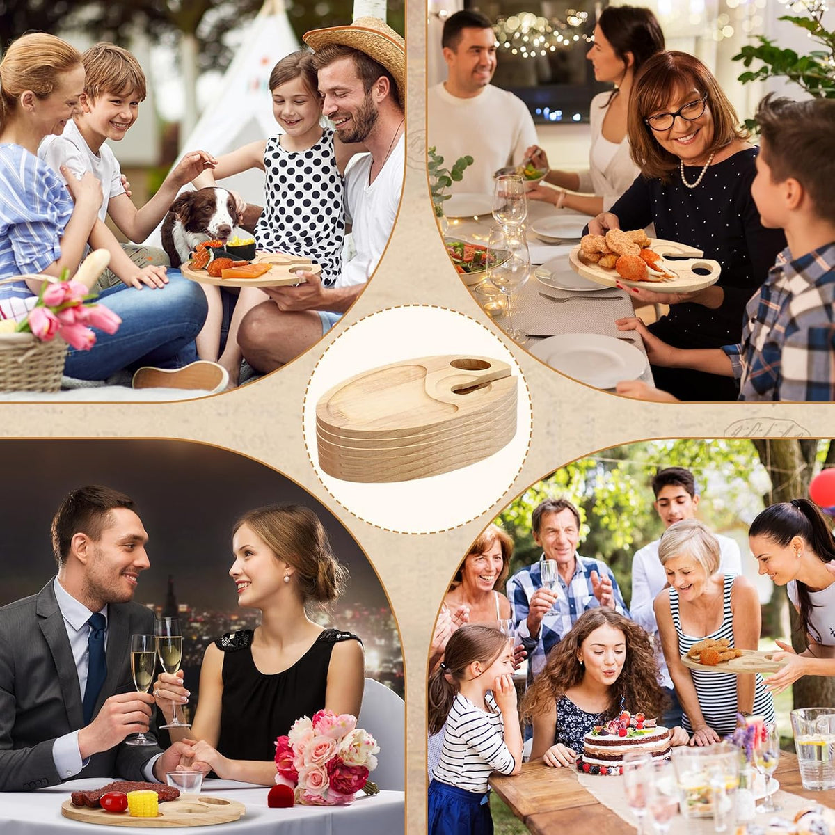 SiliFine 6 Pcs Wine Appetizer Plates with Wine Glass Holder Mini Charcuterie Board Glass Plates Set Picnic Tray for Party, Gatherings, Entertaining, 9 x 6(Rubber Wood)