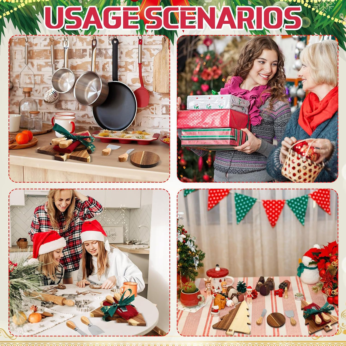 Reallnaive 11 Pcs Christmas Tree Board Gift Set for Holiday Party | Include Xmas Wood Cutting Board, Cheese Knives, Napkin, Coasters, Christmas Kitchen Accessories Gift, for Family or Friends