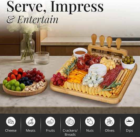 Charcuterie Board Set Bamboo with Cheese Knives and Bowls, Large Wooden Serving Platter for Entertaining, Housewarming and Wedding Gift by Cavrro