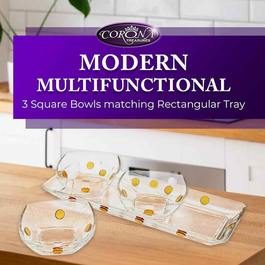 GAC Elegant Glass Square Bowls Set with Matching Rectangular Tray - 3-Piece Decorative Glass Centerpiece with Gold Dots, Square Serving Bowls for Condiments, Snacks, & Parties- Thoughtful present.