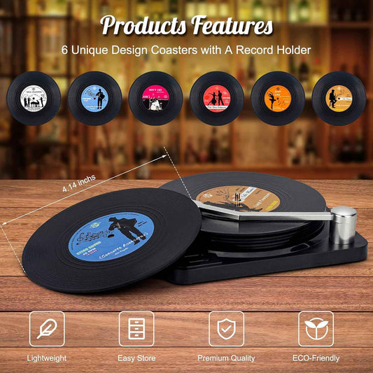 Retro Vinyl Record Coasters with Player, Set of 6 Music Coasters for Drinks