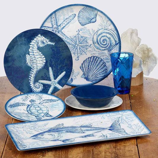 Oceanic 3-Piece Melamine Hostess Set – Includes Chip & Dip Server, 3-Section Relish Tray, and Rectangular Fish Platter – BPA-Free, Break-Resistant, Dishwasher Safe – Perfect for Indoors or Out