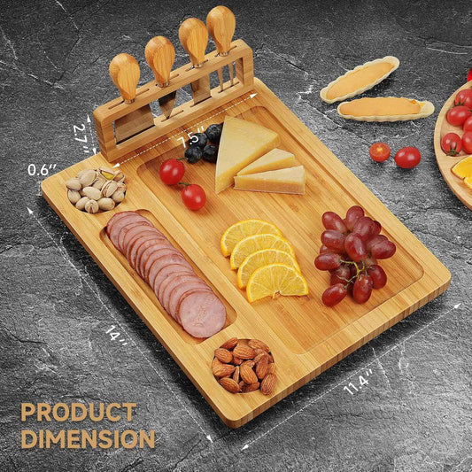 Bamboo charcuterie boards Gift Set - Serving Meat Cheese Board, Charcuterie Board Set with 4 Stainless Steel Cheese Knife, Ideal for House Warming Gifts New Home, Christmas, Bridal Shower Gift | 4 stainless steel cheese knives, serving platter. Perfect...