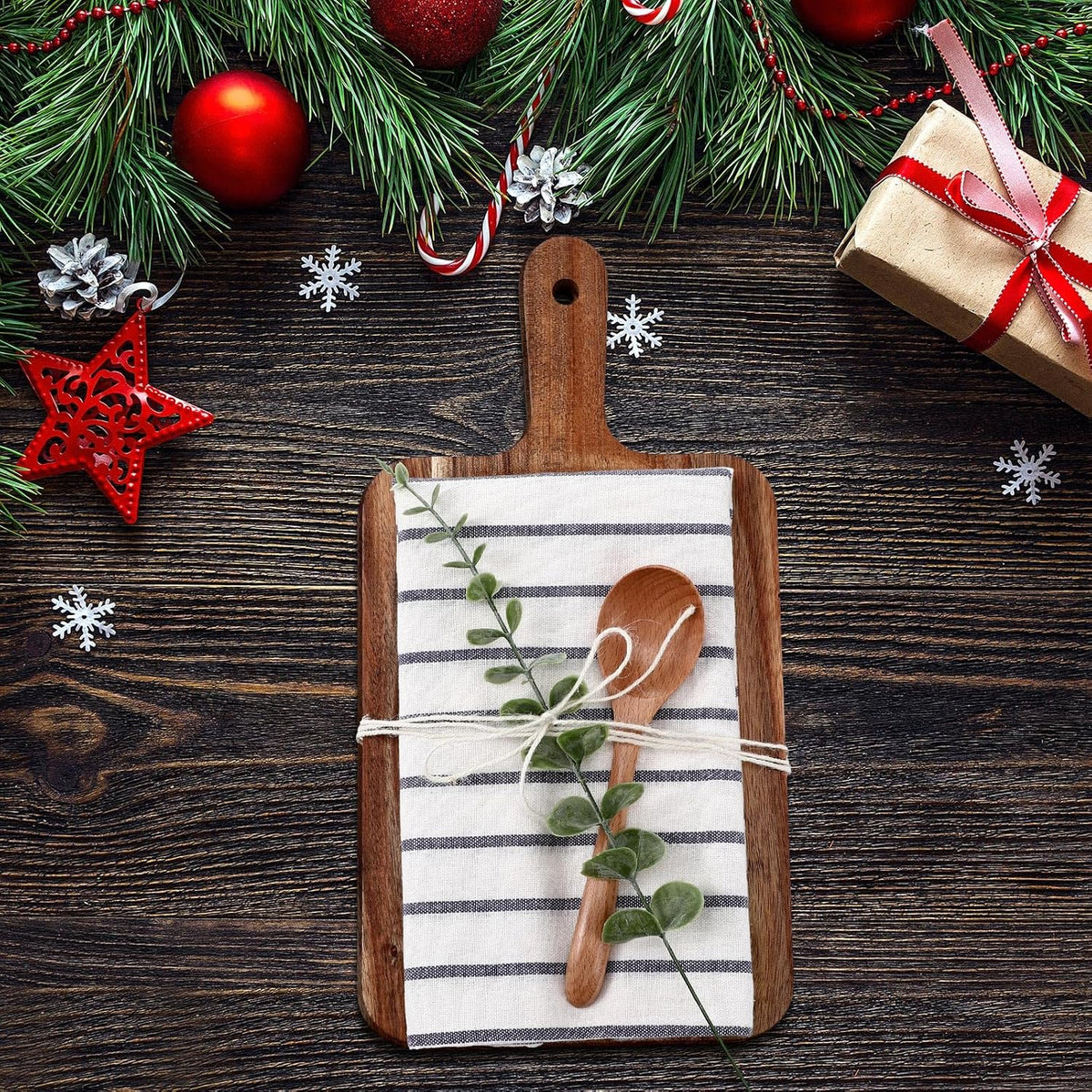 Reallnaive Housewarming Gifts New Homeowners, 4 Pcs Cutting Board Set | Wooden Spoon Eucalyptus Towel, Kitchen Essentials for Home, Farmhouse Gift for Wedding Hostess, Decorative Functional