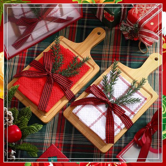 Suclain 4 Sets Christmas Kitchen Gifts Christmas Cutting Board Sets | Bamboo Boards with Plaid Waffle Towels, Ribbon Pine Decoration, Gift Bags for Exchange, Housewarming Cooking Presents