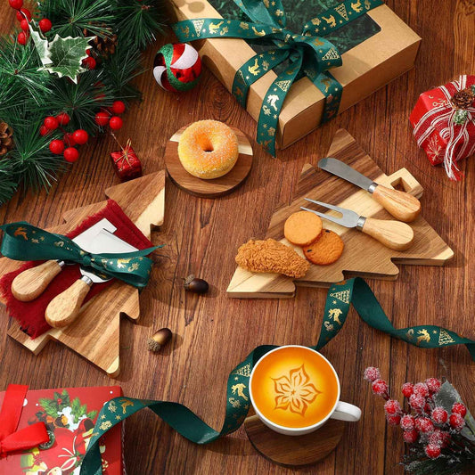 Reallnaive 11 Pcs Christmas Tree Board Gift Set for Holiday Party | Include Xmas Wood Cutting Board, Cheese Knives, Napkin, Coasters, Christmas Kitchen Accessories Gift, for Family or Friends