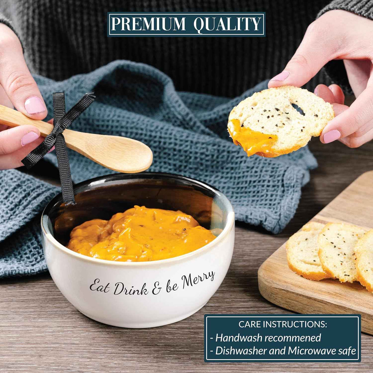 Pavilion - Eat Drink & Be Merry - 4.5" Dip Bowl & Spoon Set Housewarming Apartmentwarming Neutral Decor Holiday Seasonal Christmas Gift Present