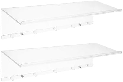 Tofficu Acrylic Wall Shelf with Hooks Narrow Floating Display Rack