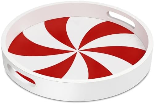 Christmas Serving Tray with Handles Xmas Round Wooden, Candy Cane