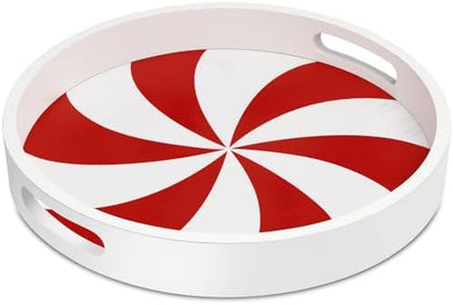 Christmas Serving Tray with Handles Xmas Round Wooden, Candy Cane
