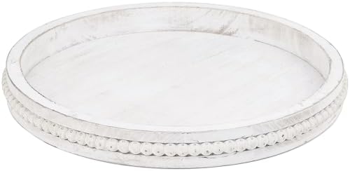 Round Wood Serving Tray with Beads, White Washed Wooden Decorative