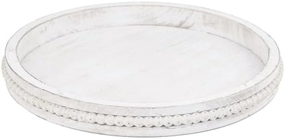 Round Wood Serving Tray with Beads, White Washed Wooden Decorative