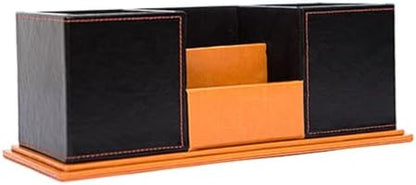 Leather Wood Pen Holder with Business Card Slot, Double-Layer Modern