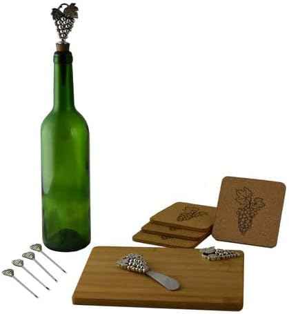 Wine and Grape Themed Cutting Board Gift Set with 4 Coasters, 4 Cheese Fork Picks, Bottle Stopper, and a Cheese Knife in Silver