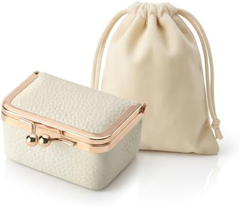 Genuine Leather Mini Travel Jewelry Box Kiss Lock Closure (White)