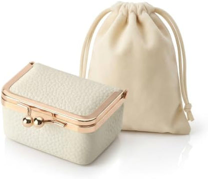Genuine Leather Mini Travel Jewelry Box Kiss Lock Closure (White)