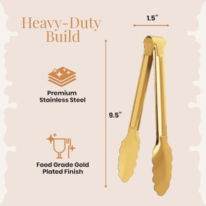Homesphere Stainless Steel Gold Serving Tongs for Food, 9.5 Inch, Pack