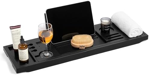 Teak Bathtub Tray, Adjustable Width Black Bath Caddy