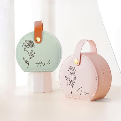 Personalized Birth Flower Jewelry Box with Name - Custom Travel Case