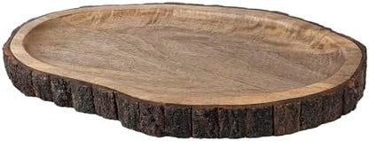 GoCraft Oval Wooden Serving Platter with Tree Bark Edges – Mango Wood