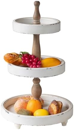 SOFE Handmade Distressed White Rustic Round 3 Tiered Tray Stand