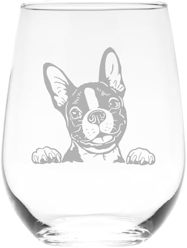 C M Boston Terrier Dog 17 oz Stemless Wine Glass - Dog Lover Gift for