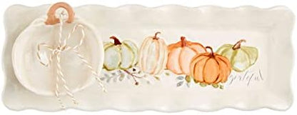 Mud Pie Grateful Pumpkin Tray and Dip Cup Set, Fall Ceramic Serving