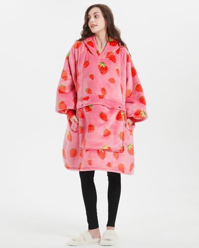 KFUBUO Wearable Blanket Hoodie for Adults With Pocket Strawberry