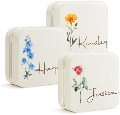 DayOfShe Personalized Travel Jewelry Box with Name and Birth Flower
