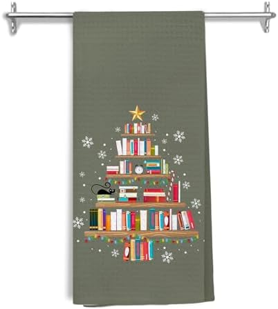 Christmas Book Tree Kitchen Dish Towels, Gifts for Readers and Book