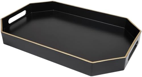 Black Decorative Tray with Handles, Octagon Versatile Serving Tray for