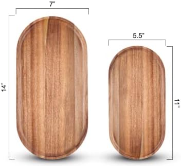 Acacia Wooden Serving Trays Set of 2 - Rectangular Oval Shaped Wood