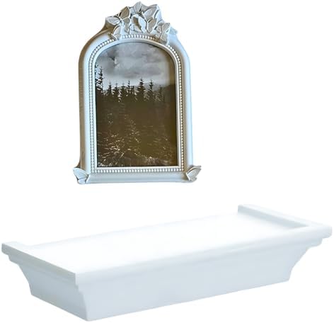 White Floating Wall Shelf with Decorative Photo Frame Bundle, Compact
