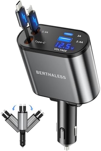 Retractable Car Charger,4 in 1 Fast Charging Car Charger with USB-C &
