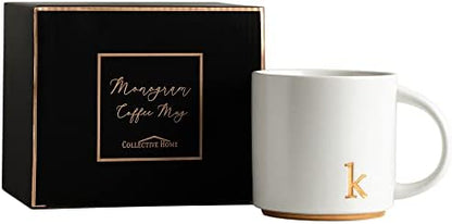 COLLECTIVE HOME Ceramic Coffee Mug, 15 oz Monogram Cup with Gift